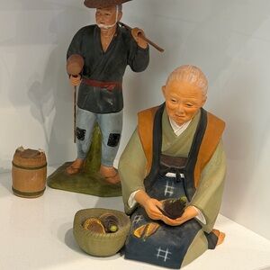 Hand-Painted Ceramic Asian Elder Figurine in Green and Tan
